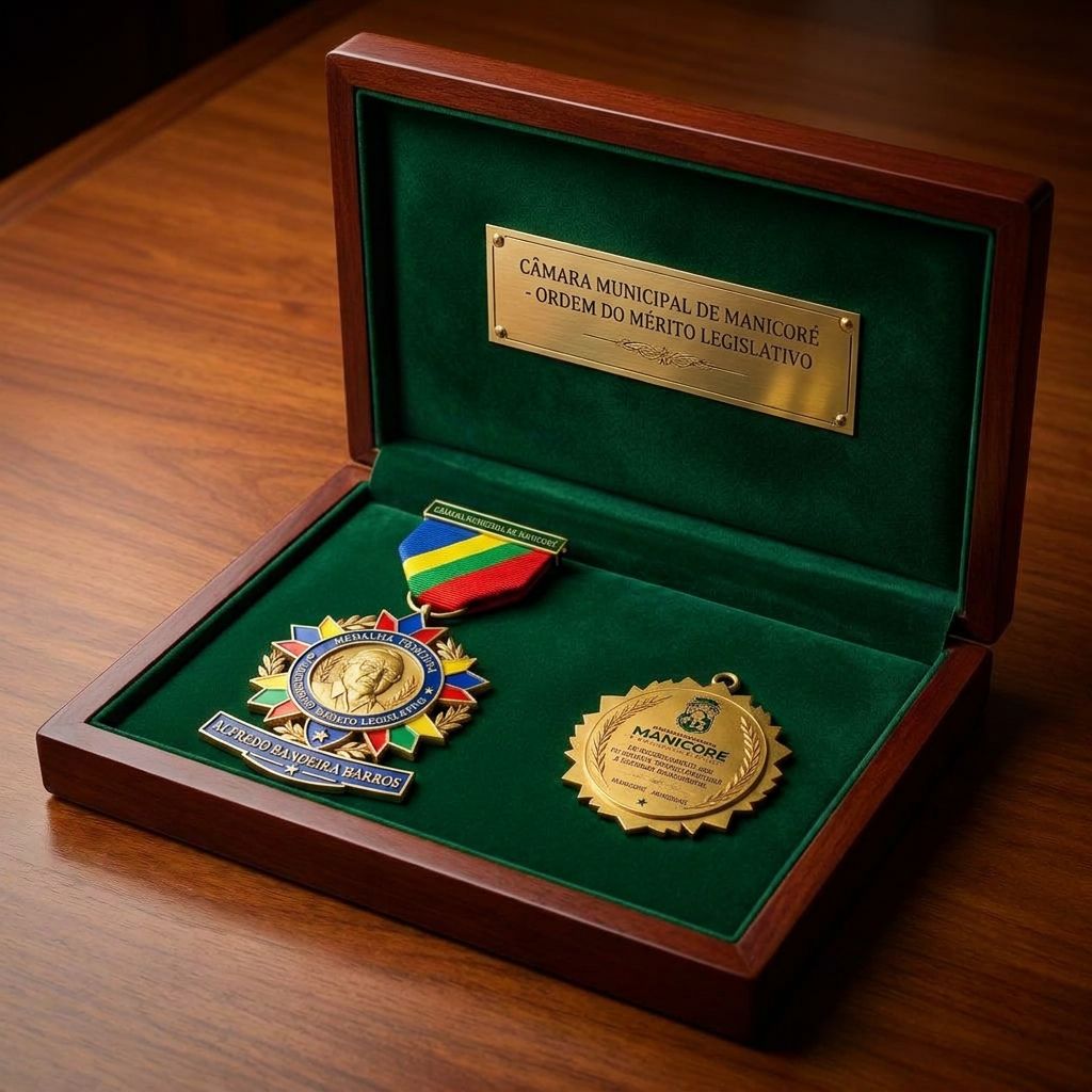 Estojo em madeira com interior verde e placa gravada para medalhas
