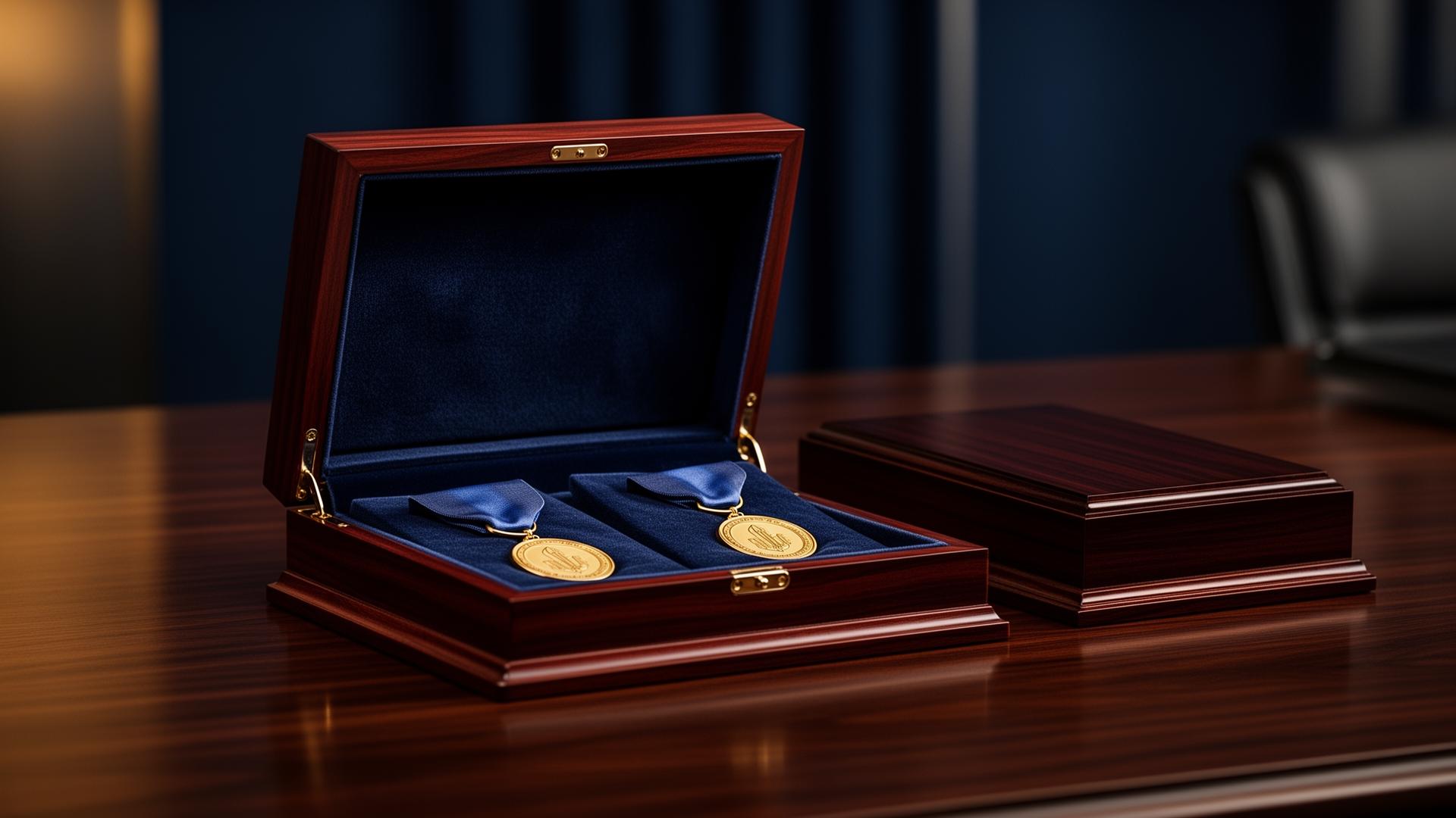 Estojo em madeira com acabamento premium e medalha em ambiente sofisticado